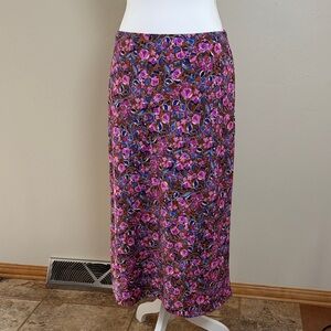 J. Crew Floral Midi Skirt Pink Blue Brown Pull On Elastic Waist Women's Medium